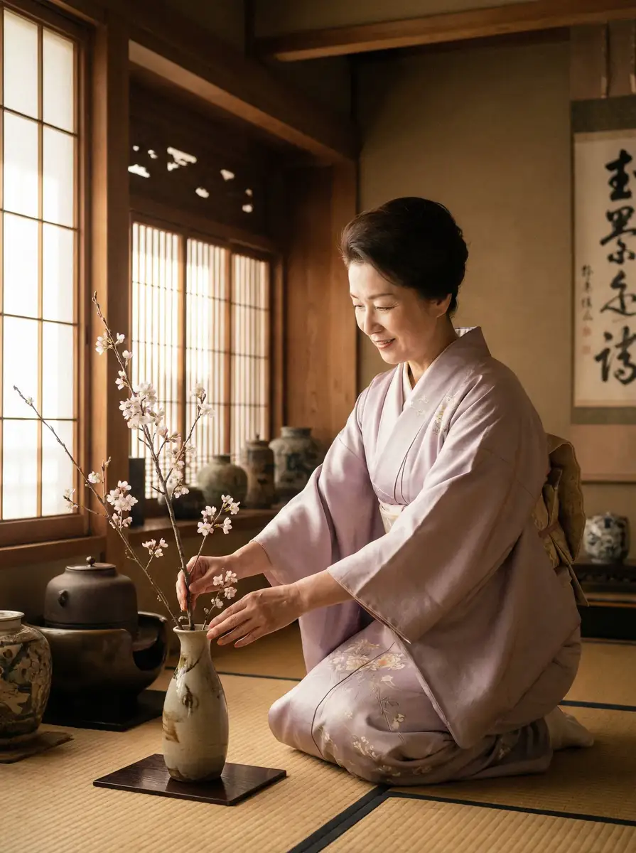 一位优雅的 白龙猫女 在和室中插花